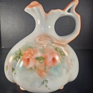 Pitcher Ewer Vase Squat Hand Painted Porcelain Peach Roses With Handle Signed